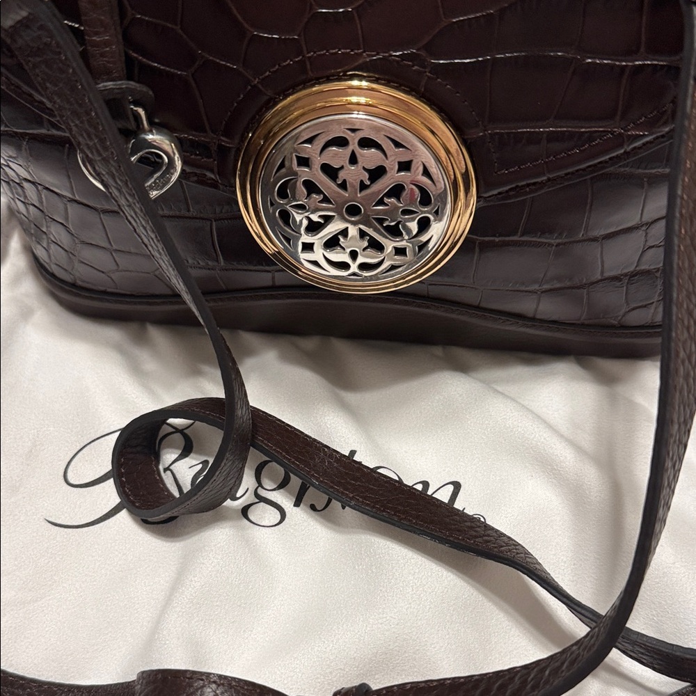 Brighton Dark Brown Croc-Embossed Top Handle Crossbody with Gold Accent - Picture 2 of 6